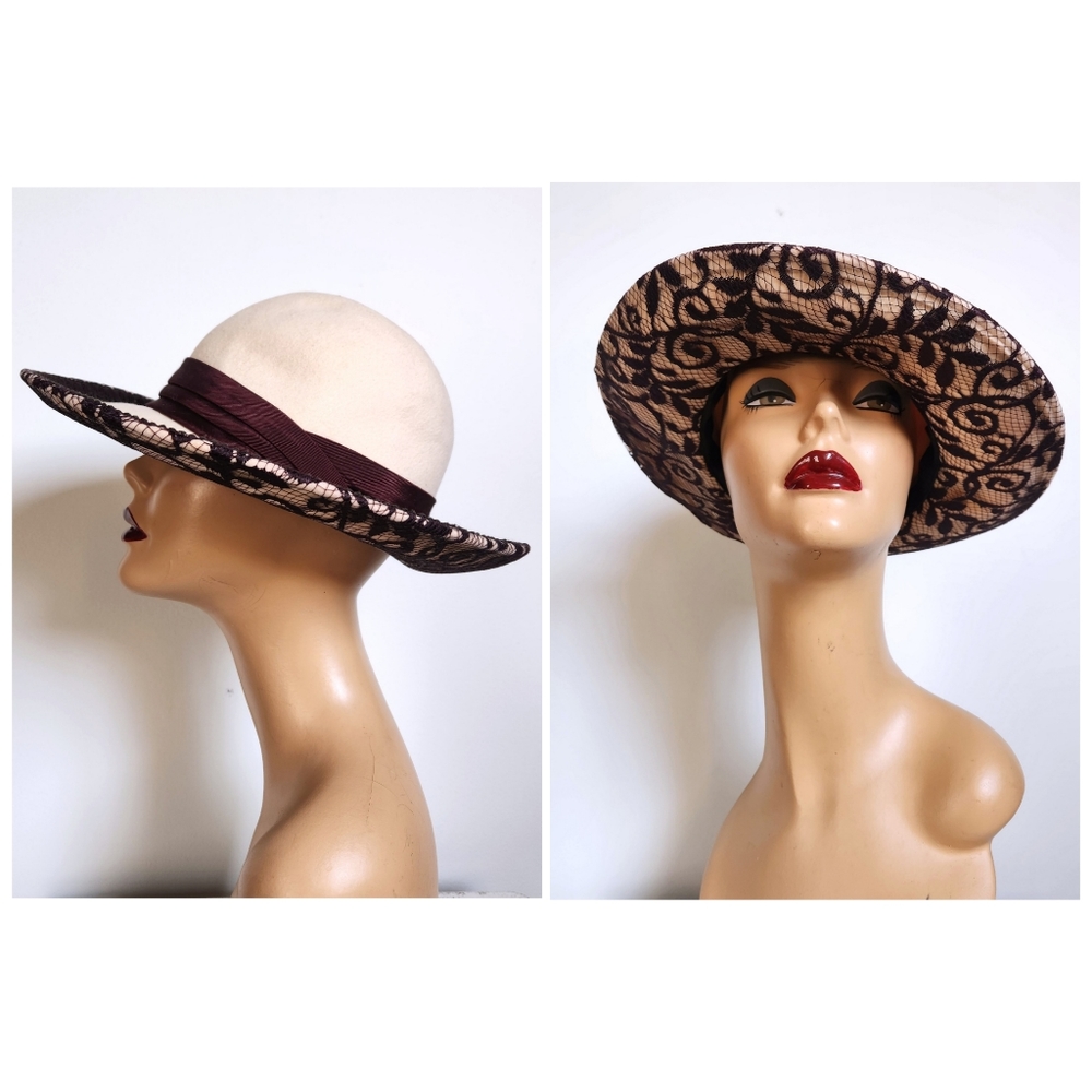Whittall & Shon Ivory Wool & Black Lace Hat - Woman's Formal Hat made in USA